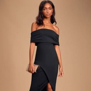 Lulu's Black Off-Shoulder Sheath Dress with Slit